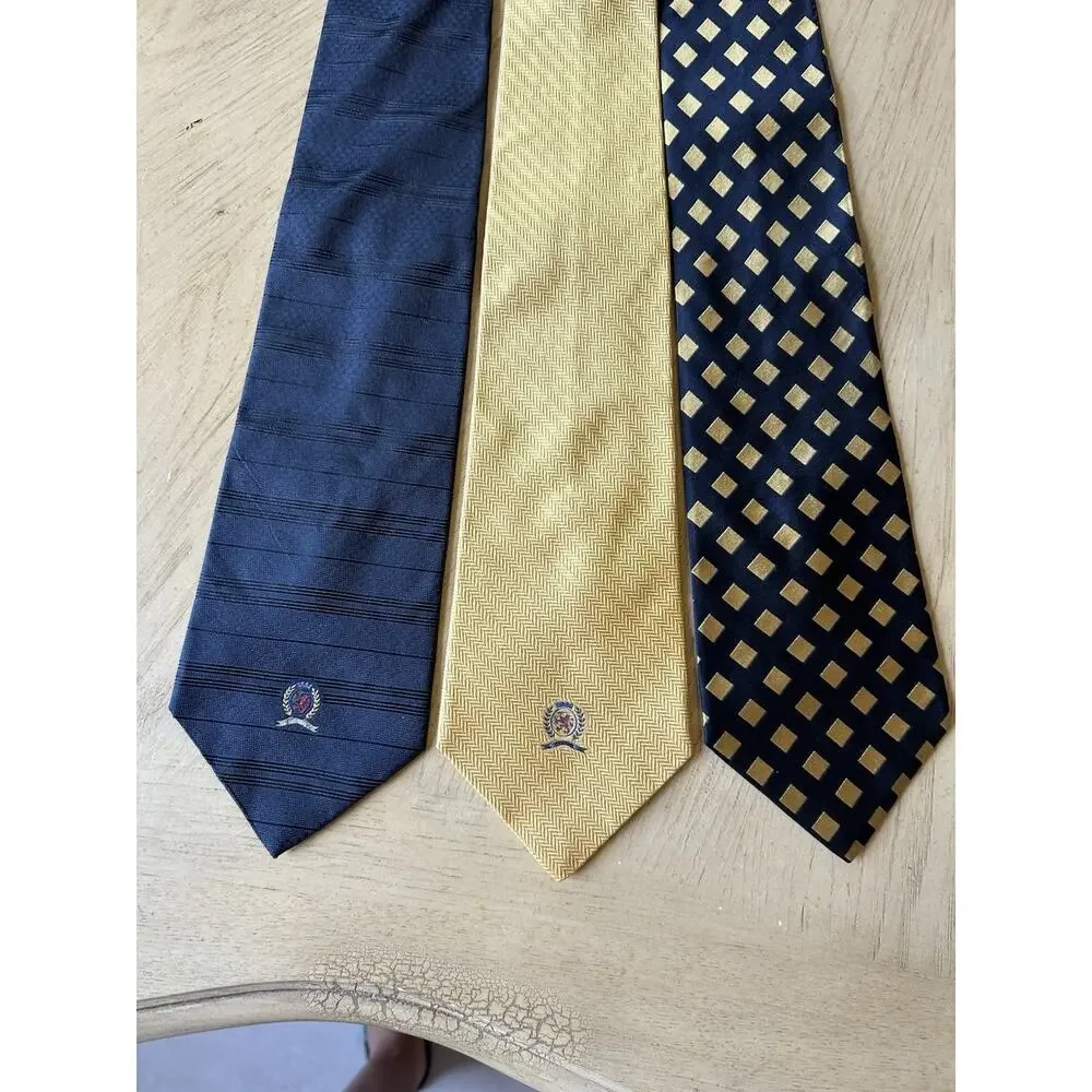 VTG 90s Tommy Hilfiger Silk Ties Neckties Navy Blue Gold Crest Logo USA Lot Of 3